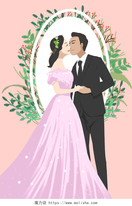 浪漫婚礼植物边框接吻人物插画